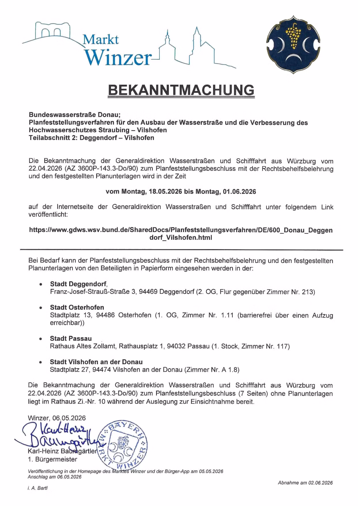 Bekanntmachung - Bundeswasserstraße Donau; Planfeststellungsverfahren für den Ausbau der Wasserstraße und die Verbesserung des Hochwasserschutzes Straubing – Vilshofen; Teilabschnitt 2: Deggendorf – Vilshofen